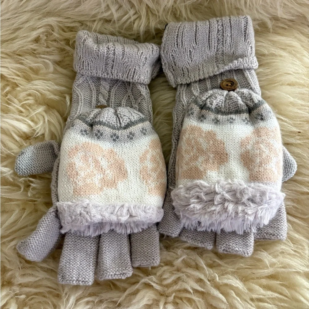 Muk Luks Gray and Cream Knit Scarf Hat and Fingerless Gloves Set